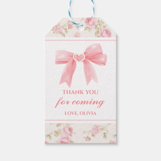 Roze strik en Rozen Coquette verjaardag Cadeaulabel (Voorkant)