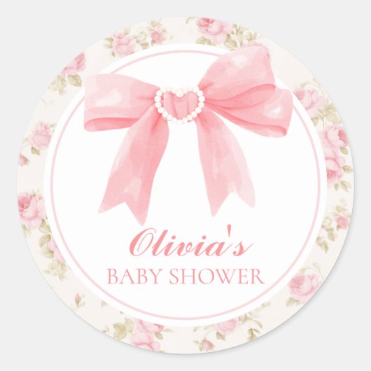 Roze strik en rozen preppy baby shower ronde sticker (Voorkant)
