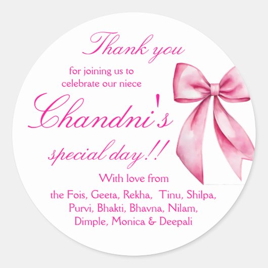 Roze strik favor bedankstickers ronde sticker (Voorkant)