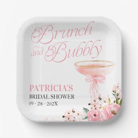 Roze strik Floral Brunch en bubbelig Vrijgezellenf Papieren Bordje (Voorkant)