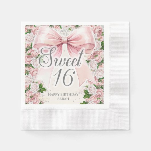 Roze strik Floral Coquette Sweet 16 Servet (Voorkant)