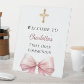 Roze strik foto Eerste Heilige Communie welkom Reclamebord Met Voetstuk (Insitu)