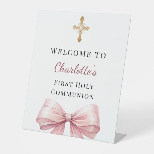 Roze strik foto Eerste Heilige Communie welkom Reclamebord Met Voetstuk (Voorkant)