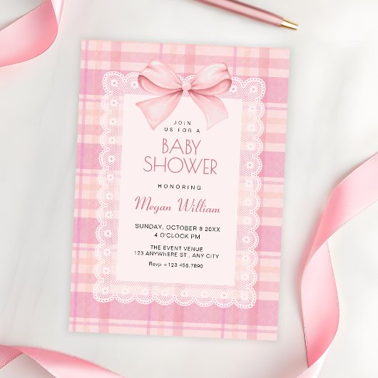 Roze strik geruite baby shower kaart