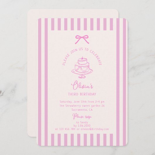 Roze strik, gestreept roze | Paarse verjaardag Kaart (Voorkant / Achterkant)