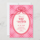 Roze strik gingham baby shower kaart (Voorkant)