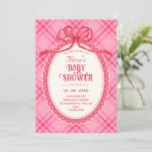 Roze strik gingham baby shower kaart (Staand voorkant)
