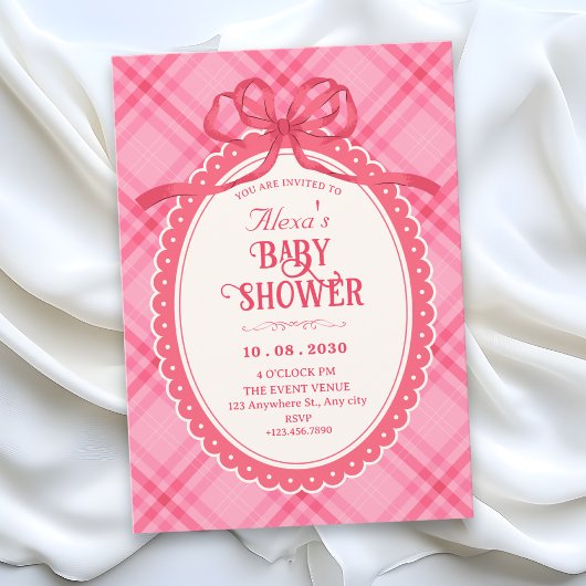 Roze strik gingham baby shower kaart