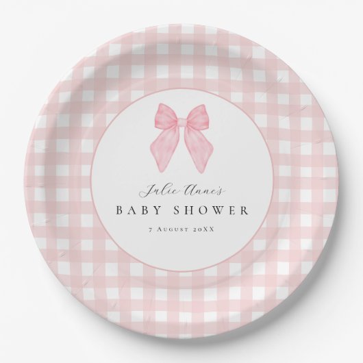 Roze strik gingham babyshower papieren borden bordje (Voorkant)