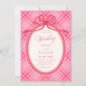 Roze strik gingham bruiloft kaart (Voorkant)