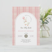 Roze Strik Gingham Eén Domme Eend 1e Verjaardagsfe Kaart (Staand voorkant)