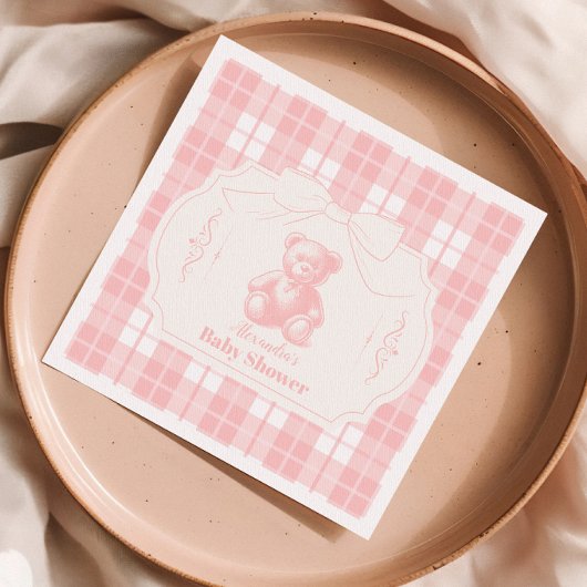 Roze Strik Gingham Franse Teddybeer Baby Shower Servet