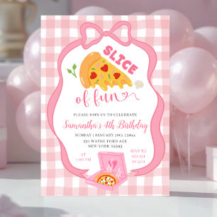 Roze strik gingham plakje fun pizza verjaardag kaart