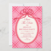 Roze strik gingham save the date (Voorkant)