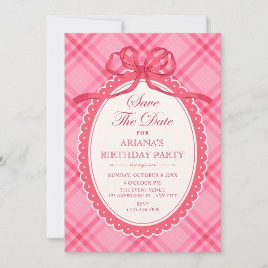 Roze strik gingham save the date (Voorkant)
