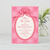 Roze strik gingham save the date (Staand voorkant)