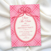 Roze strik gingham save the date