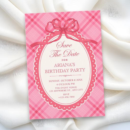 Roze strik gingham save the date