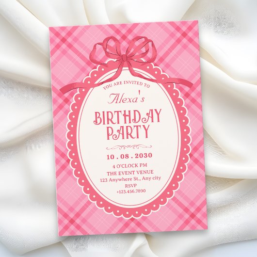 Roze strik gingham verjaardag kaart