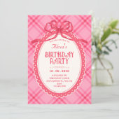 Roze strik gingham verjaardag kaart (Staand voorkant)