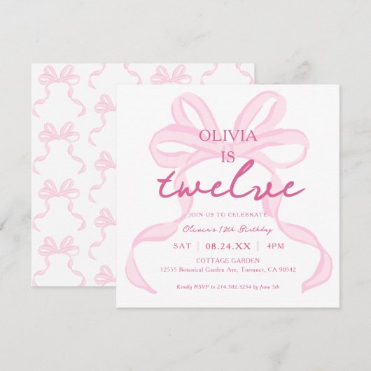 Roze Strik Girly Coquette 12de Verjaardagsfeestje  Kaart (Voorkant / Achterkant)