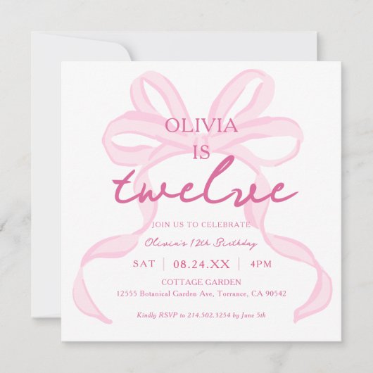 Roze Strik Girly Coquette 12de Verjaardagsfeestje  Kaart (Voorkant)