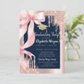 Roze Strik Glitter Afstudeerhoed, Druppels Navy Bl Kaart (Staand voorkant)