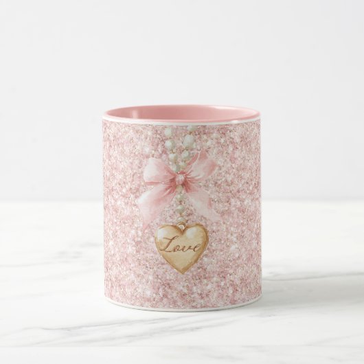 Roze Strik Glitter Hart Ketting Mok (Midden)