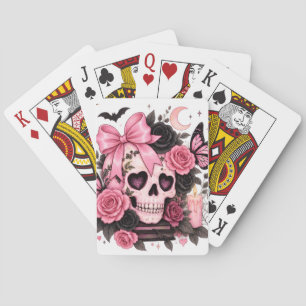 Roze Strik Gothic Schedel Coquette Halloween Boods Pokerkaarten