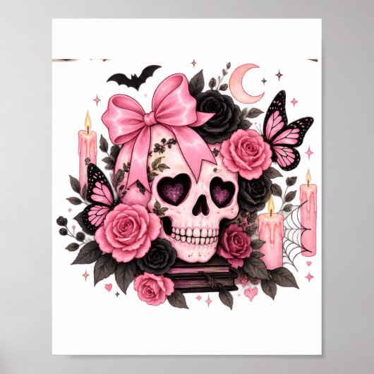 Roze Strik Gothische Schedel Coquette Halloween Poster (Voorkant)