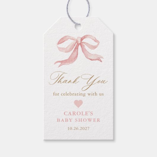 Roze Strik Gouden Meisje Baby Shower Favor Cadeaulabel (Voorkant)