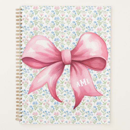Roze Strik Grandmillennial Bloemmotief Monogram Planner (Voorkant)