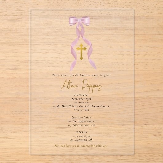 Roze strik Grieks Orthodoxe doop meisje doop Acryl Uitnodigingen (Voorkant)