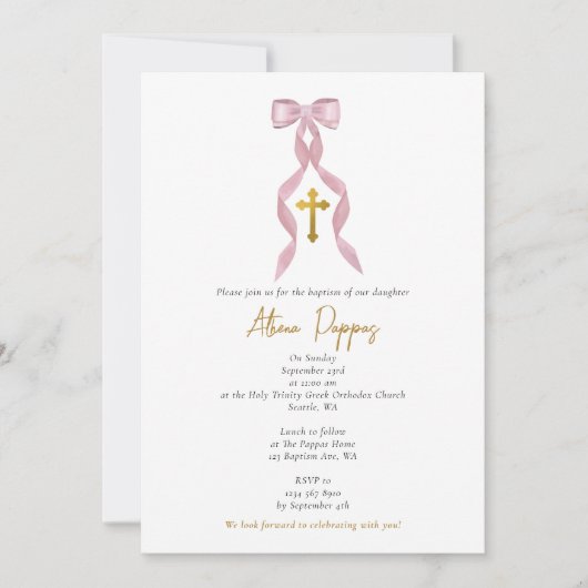 Roze strik Grieks Orthodoxe doop meisje doop Kaart (Voorkant)