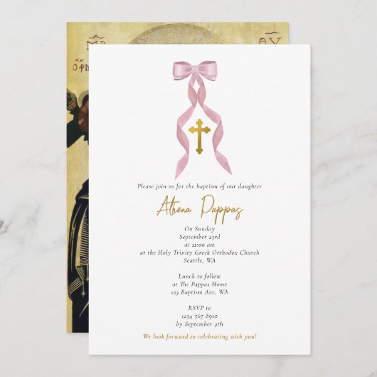 Roze strik Grieks Orthodoxe doop meisje doop Kaart (Voorkant / Achterkant)