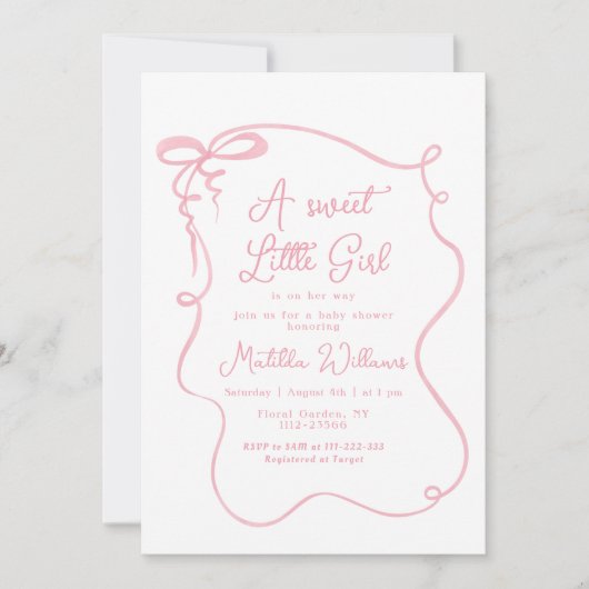 Roze strik grillige golvende lijst meisje baby sho kaart (Voorkant)