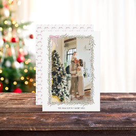 Roze Strik Groene Slinger Kerst Foto Feestdagenkaart