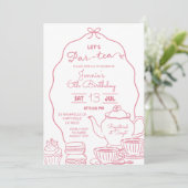 Roze Strik Hand Doodle Laten we Par-Tea Verjaardag Kaart (Staand voorkant)