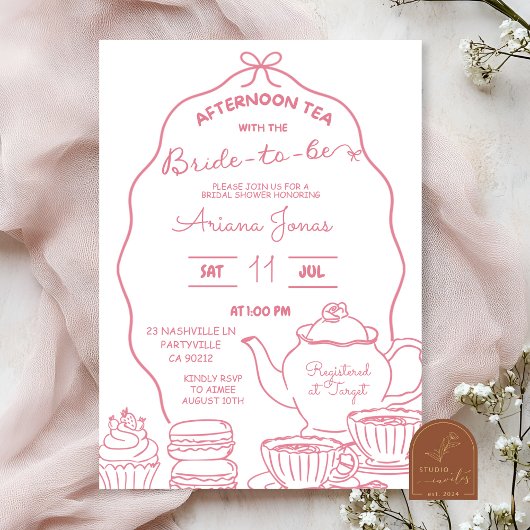 Roze strik handdoodle theemiddag bruiloftsborrel kaart