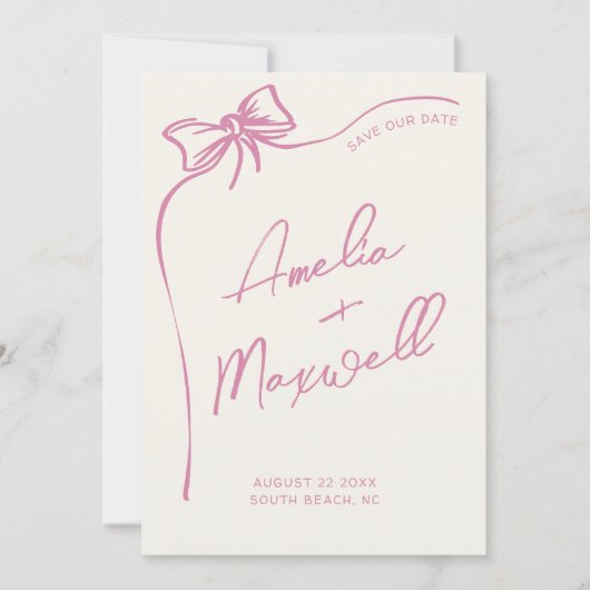 Roze strik handgetekend stijlvolle trendy bruiloft save the date (Voorkant)