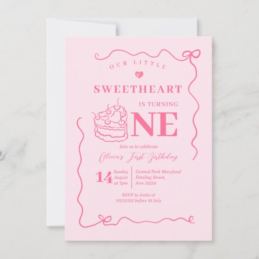 Roze Strik Handgetekende Kleine Liefje Eén Jaar Kaart (Voorkant)