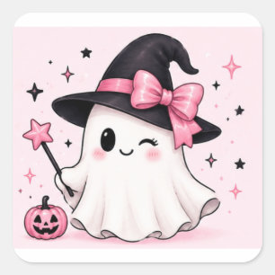 Roze Strik Heks Geest Coquette Halloween Vierkante Sticker