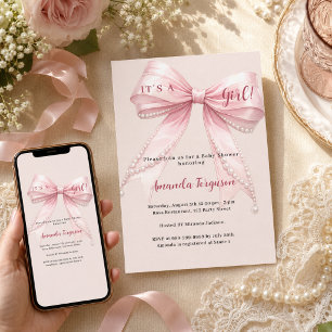 Roze strik het is een meisje champagne Baby Shower Kaart