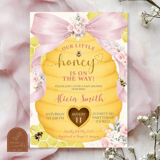 Roze Strik Honing Baby Shower Uitnodiging