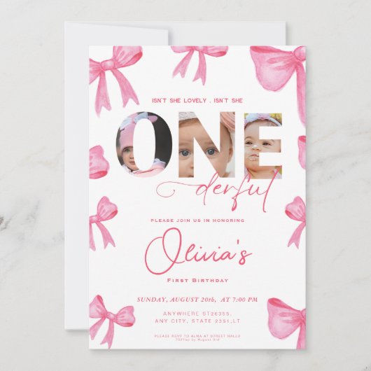 roze strik Is ze niet Onederful 1e Verjaardag 3 fo Kaart (Voorkant)