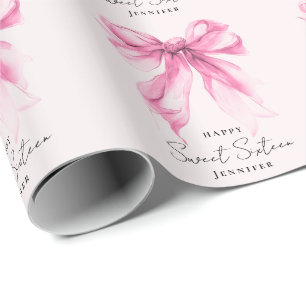 Roze Strik Jeugdige Stijl Script Sweet 16 Feestje  Cadeaupapier