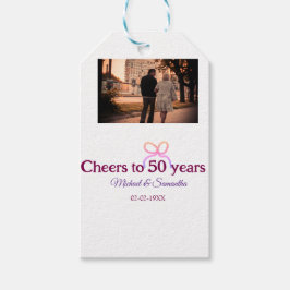 Roze strik juicht 50 jaar trouwdag cadeaulabel