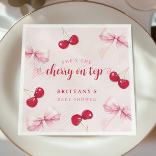 Roze strik kers baby shower servetten