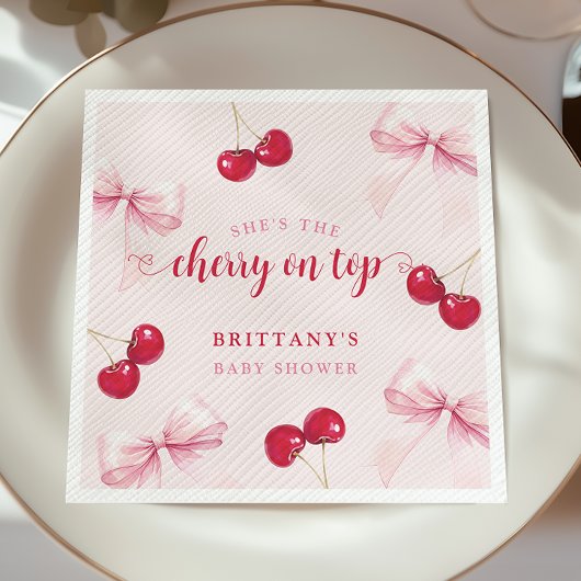 Roze strik kers baby shower servetten