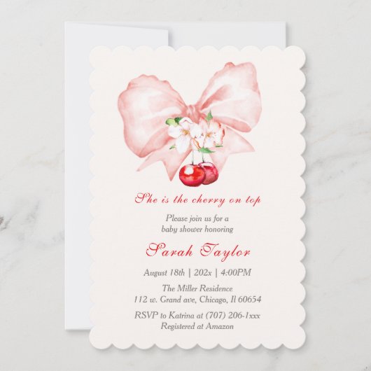 Roze Strik Kers Baby Shower Uitnodiging Sjabloon (Voorkant)